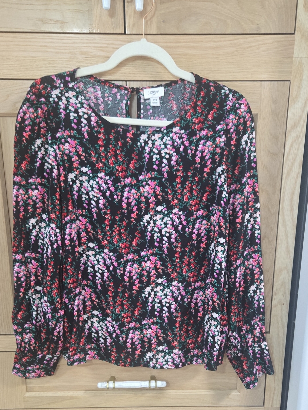 J. Crew Black Floral Long-Sleeve Blouse with Pink & Red Sprays